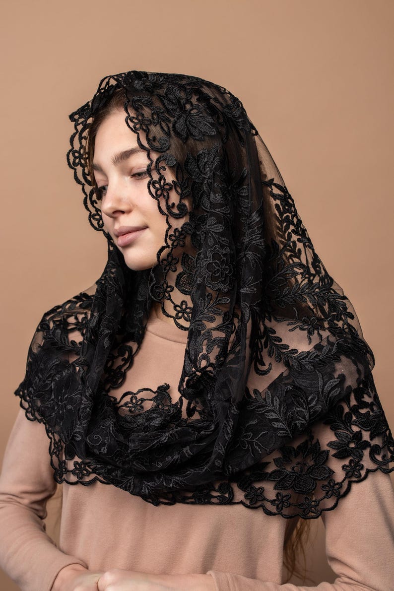 Black lace mantilla, church veil cap, lace head covering veil, Trinity Veil , Catholic Veil ,Church Veil ,Mass Veil image 8