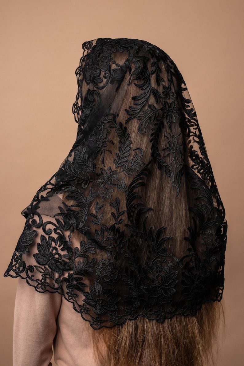 Black lace mantilla, church veil cap, lace head covering veil, Trinity Veil , Catholic Veil ,Church Veil ,Mass Veil image 5