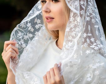 Infinity Lace Veil, Ivory Lace Chapel Veil, latin Mass veil