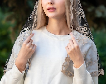 Gold  chapel veil, Lace Chapel Veil Mantilla, D shape Veil Latin Mass, black church veil, lace veil headcovering