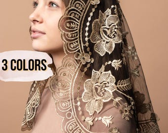 3D chapel veil with floral design | Gold and black chapel veil , Our Lady of Guadalupe veil, veil for church, catholic mass veil