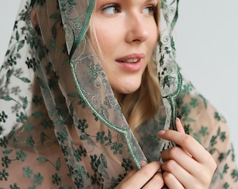Green Floral Mantilla Chapel Veil, Embroidered Infinity Veil, Catholic Church Head Covering, Modest Wedding Veil