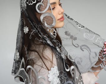 Our lady of Lourdes veil,  Mantilla Catholic Veil Church Veil Mass Veil for Mass, Grey chapel mantilla, chapel veil Catholic