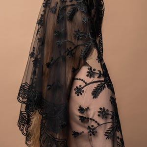 Our Lady of Guadalupe veil, Catholic chapel veil, long black chapel mantilla, Classic Catholic veil with floral lace image 7