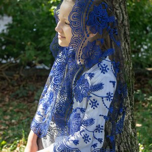 Our Lady of Guadalupe veil, Catholic chapel veil, long black chapel mantilla, Classic Catholic veil with floral lace image 6