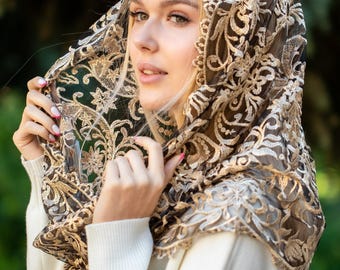 NEW!! Infinity gold chapel veil,  Catholic lace mantilla, Catholic head covering veil for church, Latin Mass Mantilla