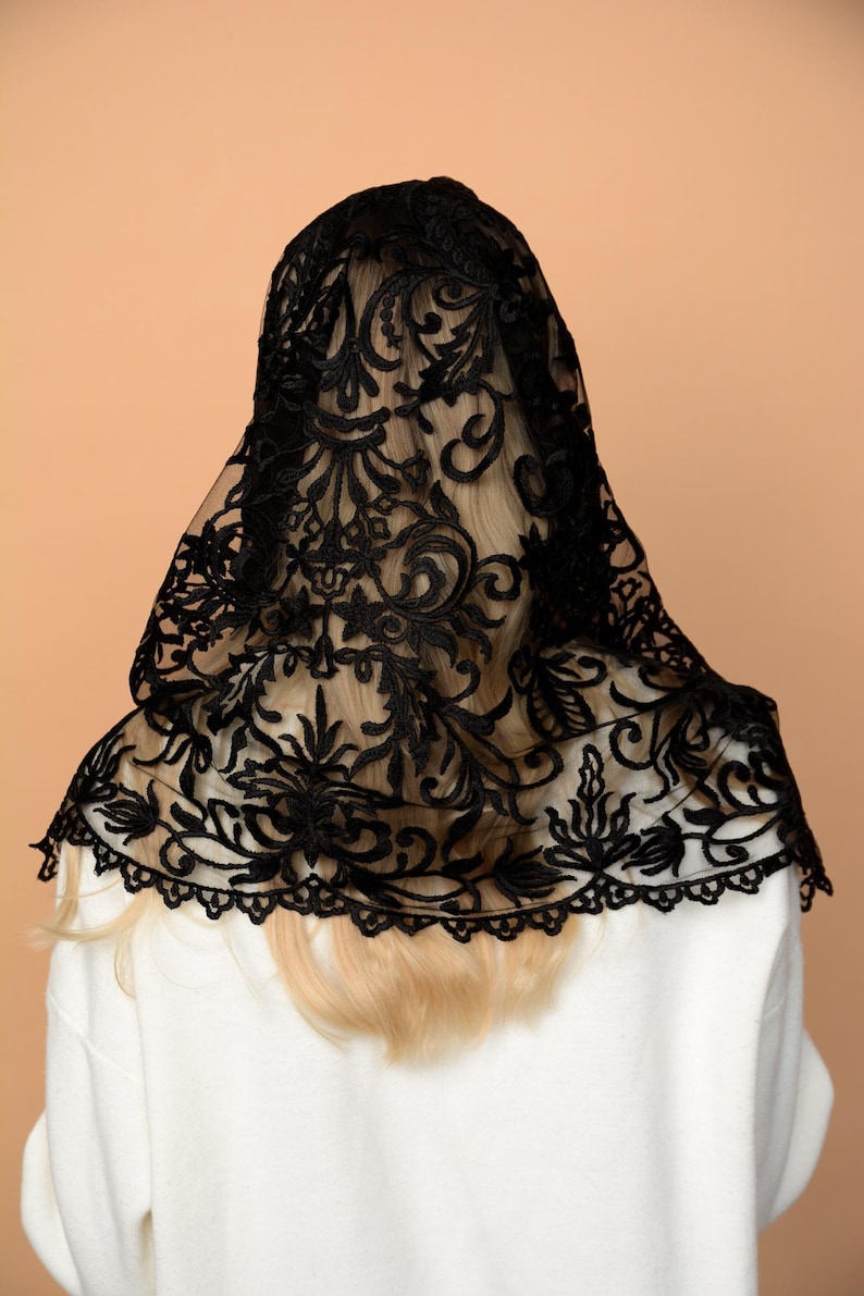 Black lace mantilla, church veil cap, lace head covering veil, Trinity Veil , Catholic Veil ,Church Veil ,Mass Veil image 7