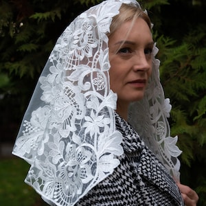 NEW !! Chapel  veil with floral embroidery, Church lace head covering veil, Catholic lace mantilla