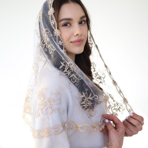 Long Gold Chapel veil, latin mass veil, veil for church, catholic mass veil, cathedral veil lace image 8