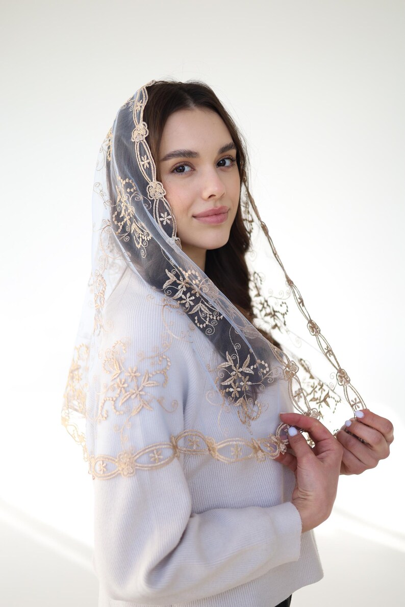 Long Gold Chapel veil, latin mass veil, veil for church, catholic mass veil, cathedral veil lace image 8