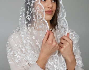Floral Infinity Lace Veil, Ivory Lace Chapel Veil, Latin Mass veil