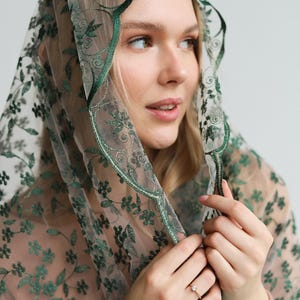 Green Floral Mantilla Chapel Veil, Embroidered Infinity Veil, Catholic Church Head Covering, Modest Wedding Veil