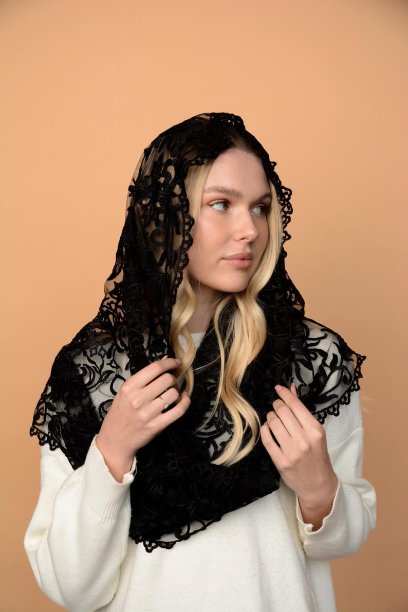 Black lace mantilla, church veil cap, lace head covering veil, Trinity Veil , Catholic Veil ,Church Veil ,Mass Veil image 4