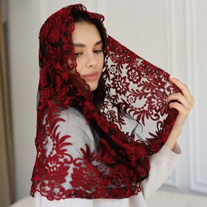 Burgundy Lace Chapel Veil, Catholic Mass Mantilla, Spanish Style Head Covering, Church Veil, Elegant Lace Headscarf image 7