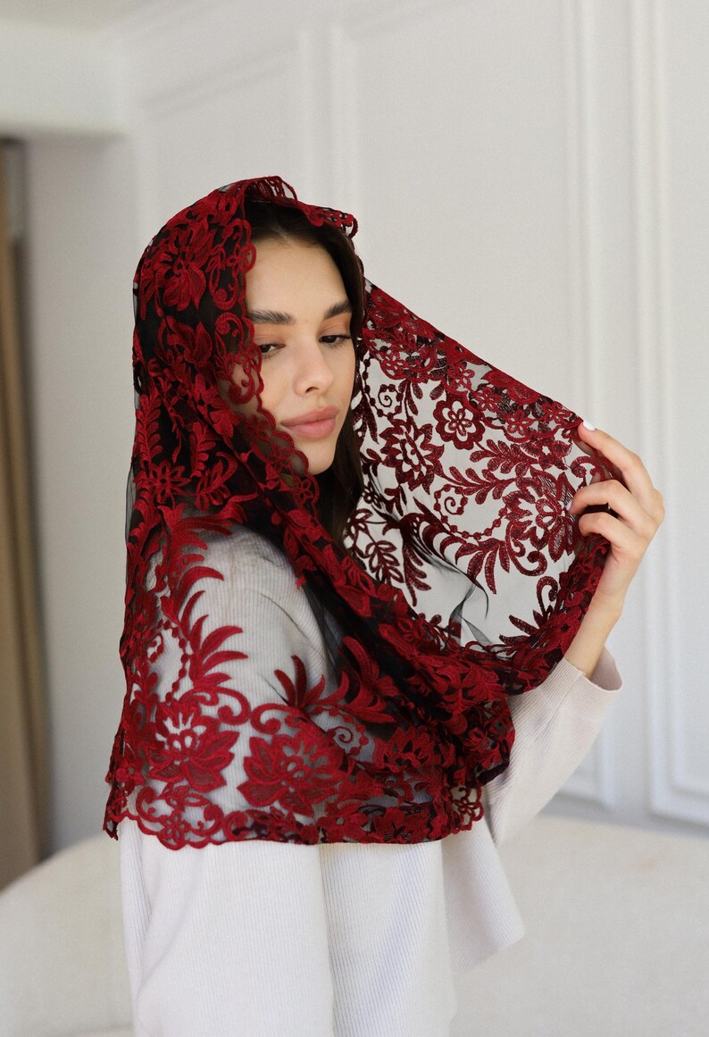 Burgundy Lace Chapel Veil, Catholic Mass Mantilla, Spanish Style Head Covering, Church Veil, Elegant Lace Headscarf image 7