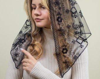 Black Traditional Catholic d shape Mantilla veil, black Lace scarf, black church veil