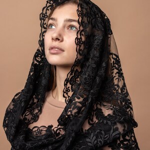 Black lace mantilla, church veil cap, lace head covering veil, Trinity Veil , Catholic Veil ,Church Veil ,Mass Veil image 7