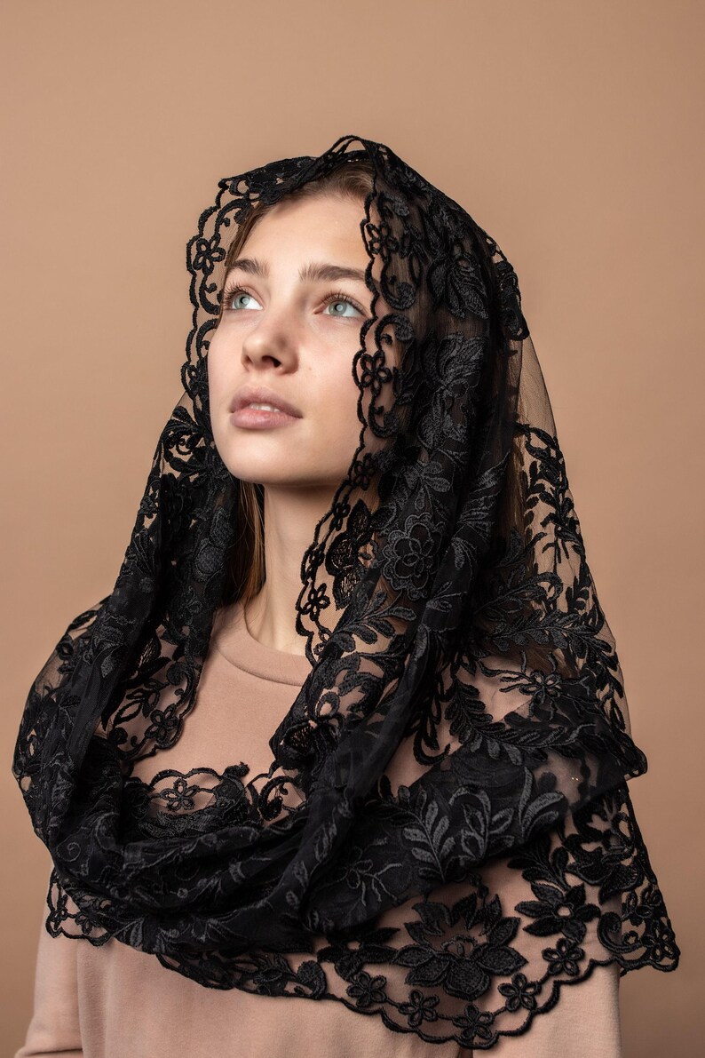 Black lace mantilla, church veil cap, lace head covering veil, Trinity Veil , Catholic Veil ,Church Veil ,Mass Veil image 7