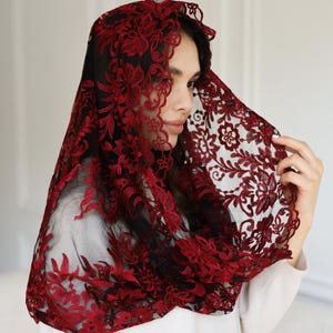 Burgundy Lace Chapel Veil, Catholic Mass Mantilla, Spanish Style Head Covering, Church Veil, Elegant Lace Headscarf image 5