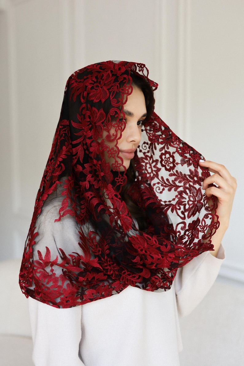 Burgundy Lace Chapel Veil, Catholic Mass Mantilla, Spanish Style Head Covering, Church Veil, Elegant Lace Headscarf image 5