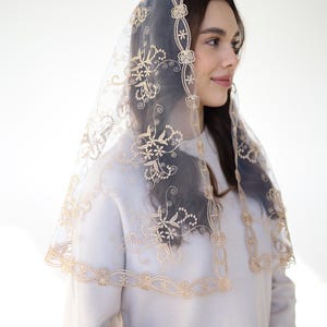 Long Gold Chapel veil, latin mass veil, veil for church, catholic mass veil, cathedral veil lace image 3