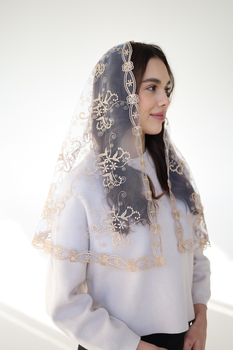 Long Gold Chapel veil, latin mass veil, veil for church, catholic mass veil, cathedral veil lace image 3