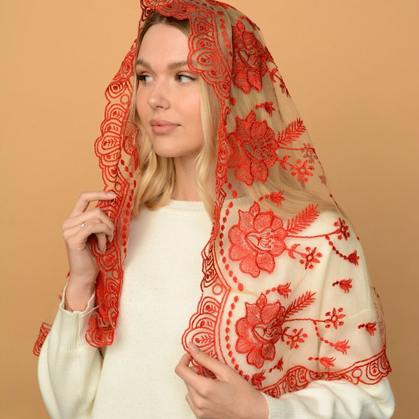 Red chapel veil with lace edge,Our Lady of Guadalupe veil, long church veil for church, Classic Catholic veil mantilla 001