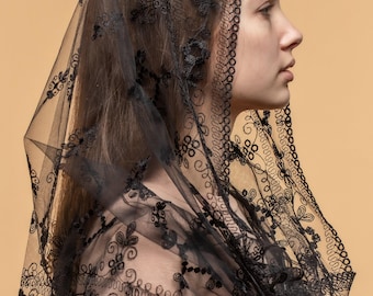 Black Catholic lace mantilla, Latin Mass Infinity veil, Church lace head covering veil