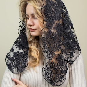 NEW!!chapel veil with floral design | Gold and black chapel veil , Our Lady of Guadalupe veil, veil for church, catholic mass veil