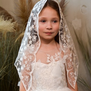 May include: A young girl wearing a white lace dress and a white lace veil. The veil is decorated with floral embroidery. The girl is looking to the side.
