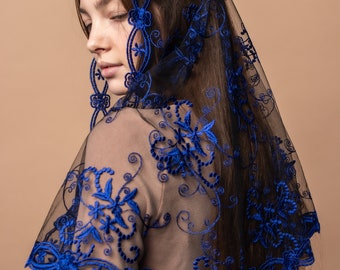 Latin mass veil, Chapel veil, Infinity veil, Catholic Mantilla, Blue Chapel Veil Mantilla, Blue church veil, 006