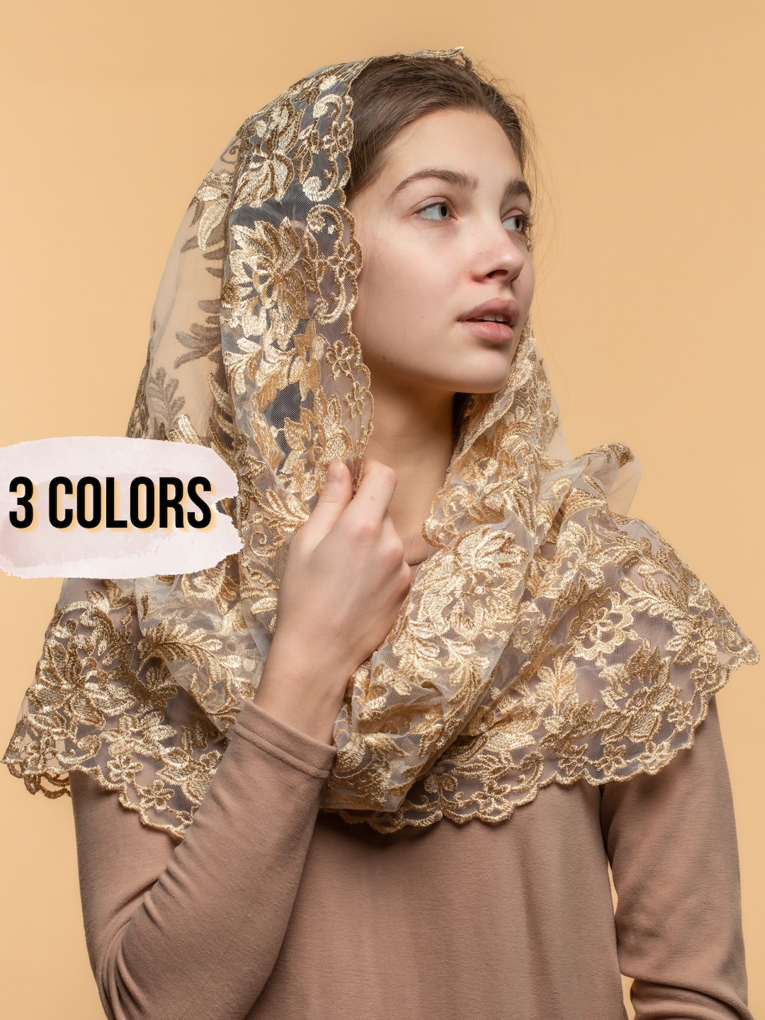 Catholic head covering veil, Lace chapel veil with floral design, classic lace chapel veil 093
