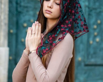NEW!! Chapel veil with floral design, Church lace head covering veil, Catholic lace mantilla, VP002TR(GB)