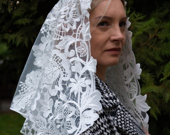 NEW !! Chapel  veil with floral embroidery, Church lace head covering veil, Catholic lace mantilla