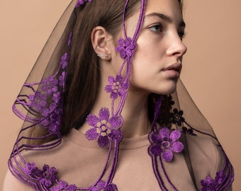 Purple Chapel veil with floral embroidery, Church lace head covering veil, Catholic lace mantilla