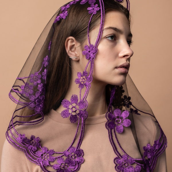 Purple Chapel veil with floral embroidery, Church lace head covering veil, Catholic lace mantilla