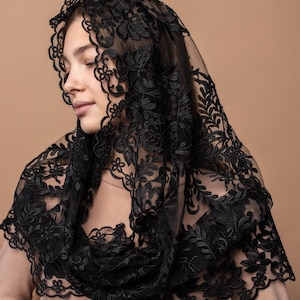 Black lace mantilla, church veil cap, lace head covering veil, Trinity Veil , Catholic Veil ,Church Veil ,Mass Veil image 9