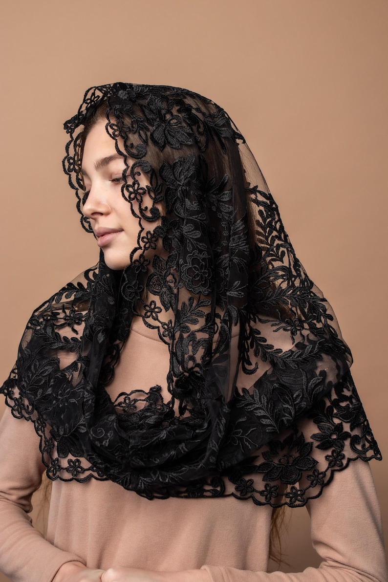 Black lace mantilla, church veil cap, lace head covering veil, Trinity Veil , Catholic Veil ,Church Veil ,Mass Veil image 9