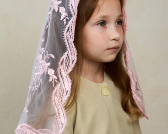 Traditional Catholic Veil, Pink Child  Church Veil, Gold short Lace veil
