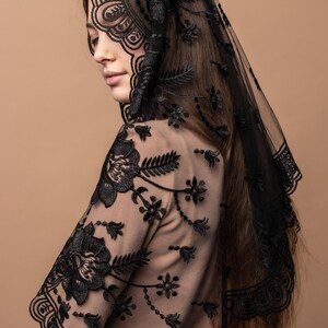 Our Lady of Guadalupe veil, Catholic chapel veil, long black chapel mantilla, Classic Catholic veil with floral lace image 8