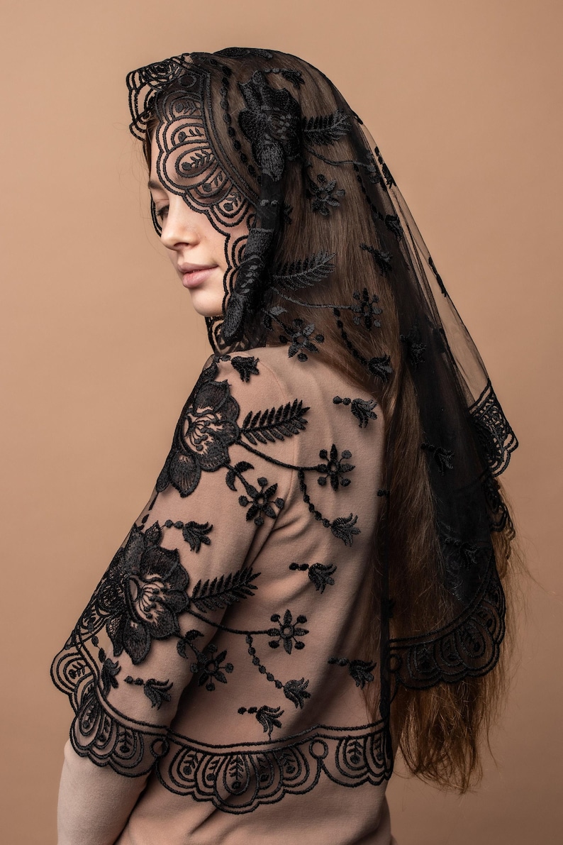 Our Lady of Guadalupe veil, Catholic chapel veil, long black chapel mantilla, Classic Catholic veil with floral lace image 8