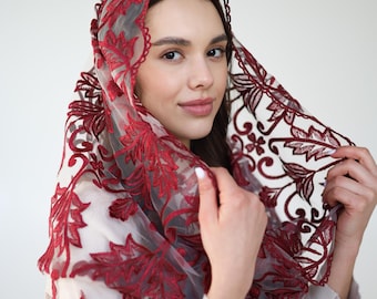 NEW!! Burgundy Mass veil, Infinity veil Mantilla, Faith Head Coverings Holy, Chapel Veils