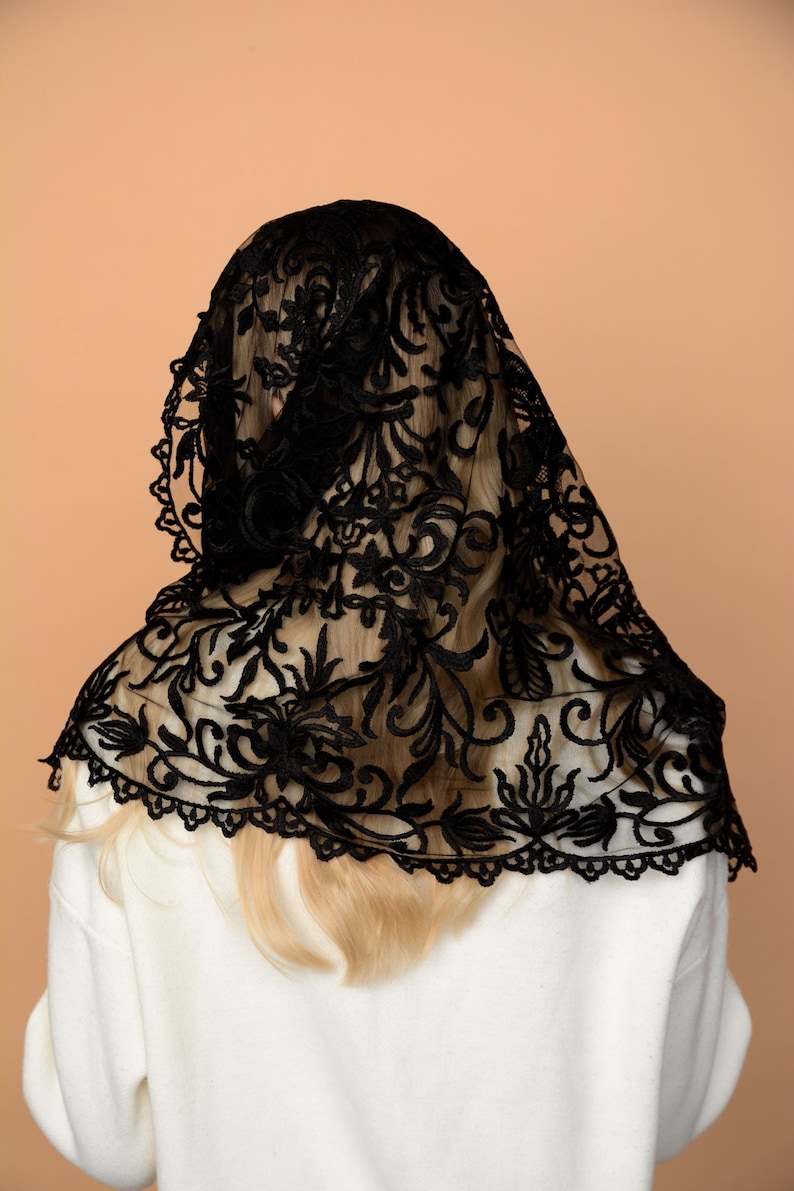 Black lace mantilla, church veil cap, lace head covering veil, Trinity Veil , Catholic Veil ,Church Veil ,Mass Veil image 8