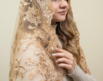 BESTSELLER veil| Long lace mantilla in gold color, Chapel veil with lace veil, Long Mantilla for Church, Our Lady of Guadalupe veil