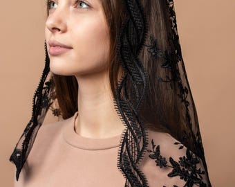 Black Traditional Catholic d shape Mantilla veil, black Lace scarf, black church veil 003
