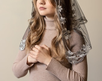 Grey chapel veil with floral embroidery, Church lace head covering veil, Catholic lace mantilla 011