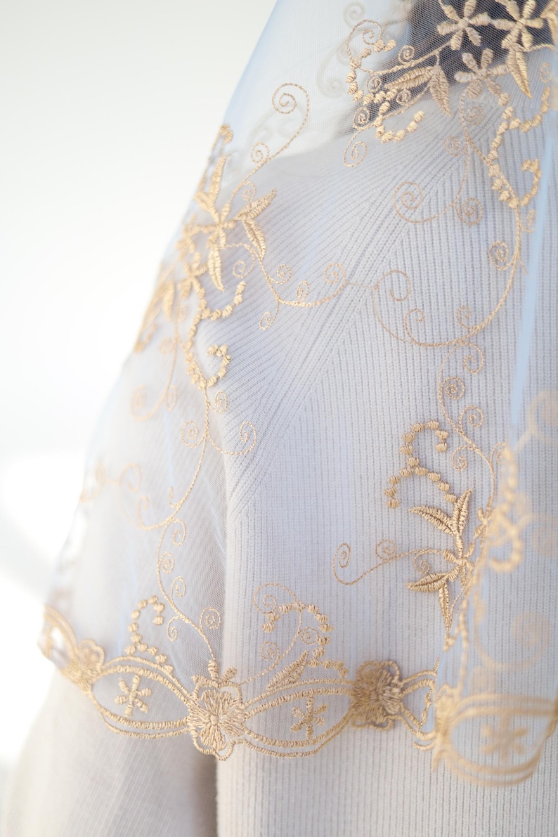 Long Gold Chapel veil, latin mass veil, veil for church, catholic mass veil, cathedral veil lace image 7