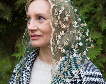 NEW!! Chapel veil with floral design, Church lace head covering veil, Catholic lace mantilla