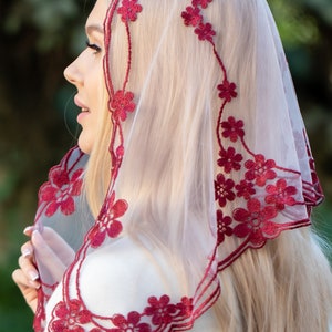 Floral burgundy chapel veil, Church mantilla, Catholic head covering veil image 3