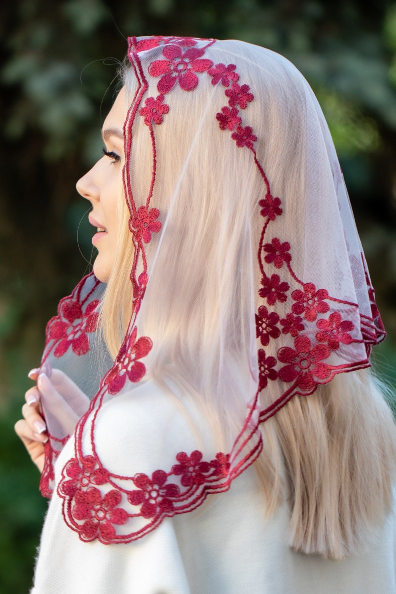 Floral burgundy chapel veil, Church mantilla, Catholic head covering veil image 3